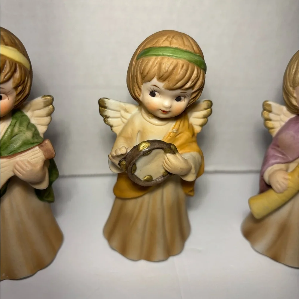Lefton Holiday Angel Figurines With Musical Instruments Hand Painted #2473